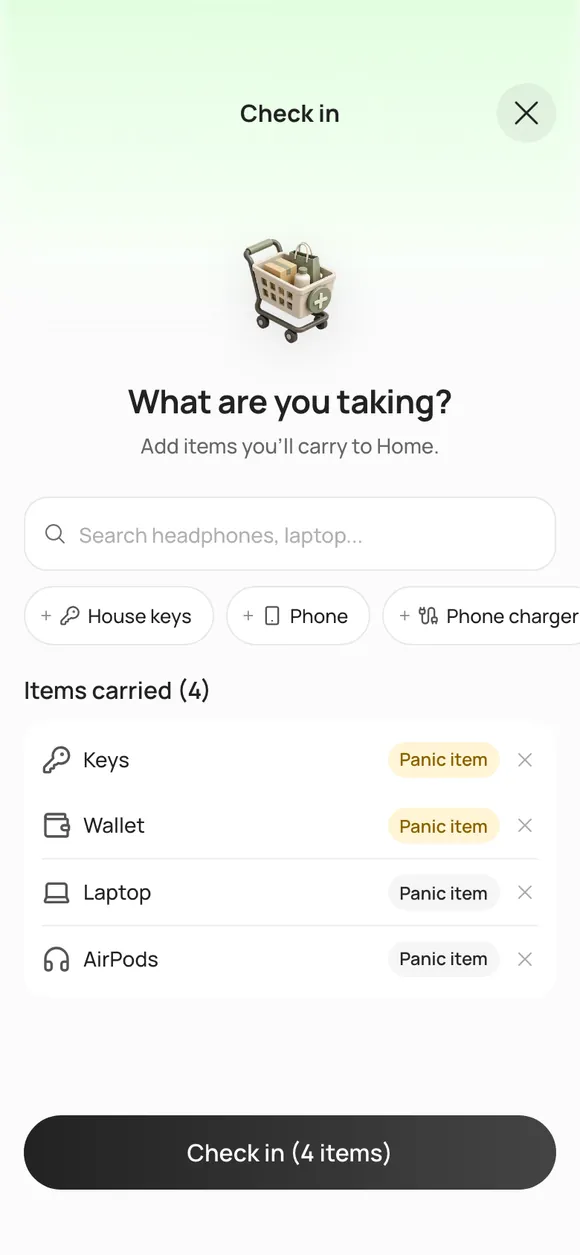 The LastLook check-in screen asking what are you taking, with Keys, Wallet, Laptop and AirPods listed as items carried.