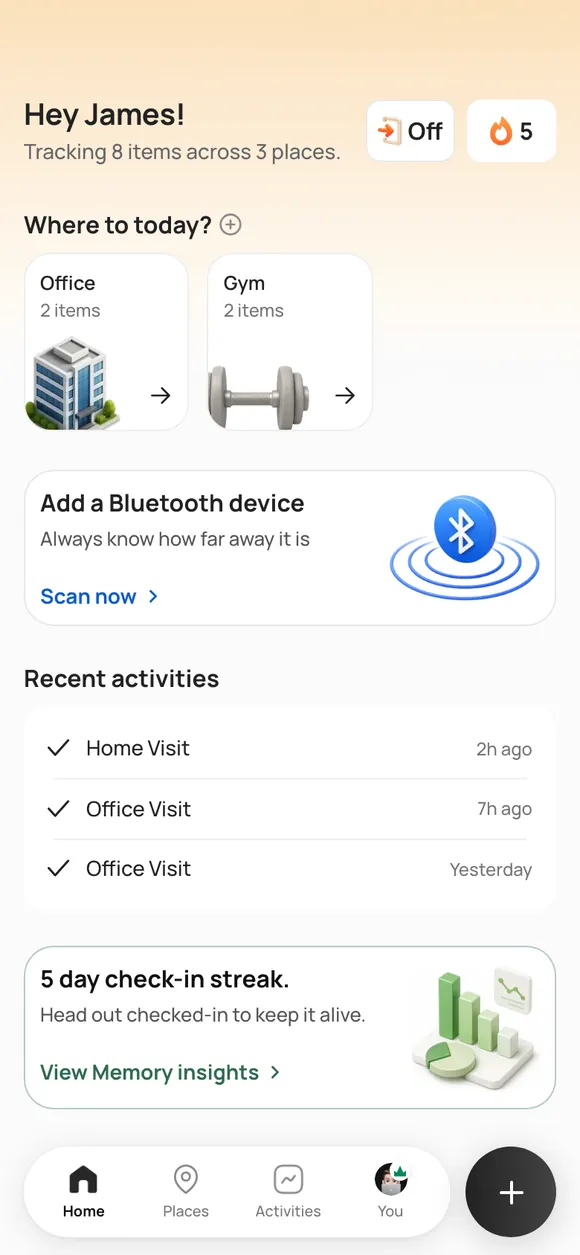 The LastLook home screen on iPhone: a greeting, the places you go, recent visits, and a five-day check-in streak.