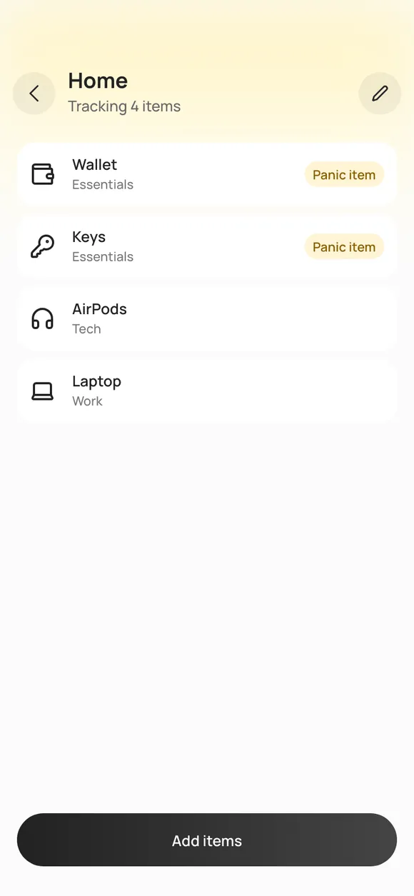 A saved place in LastLook called Home, tracking four items, with Wallet and Keys both labelled as panic items.